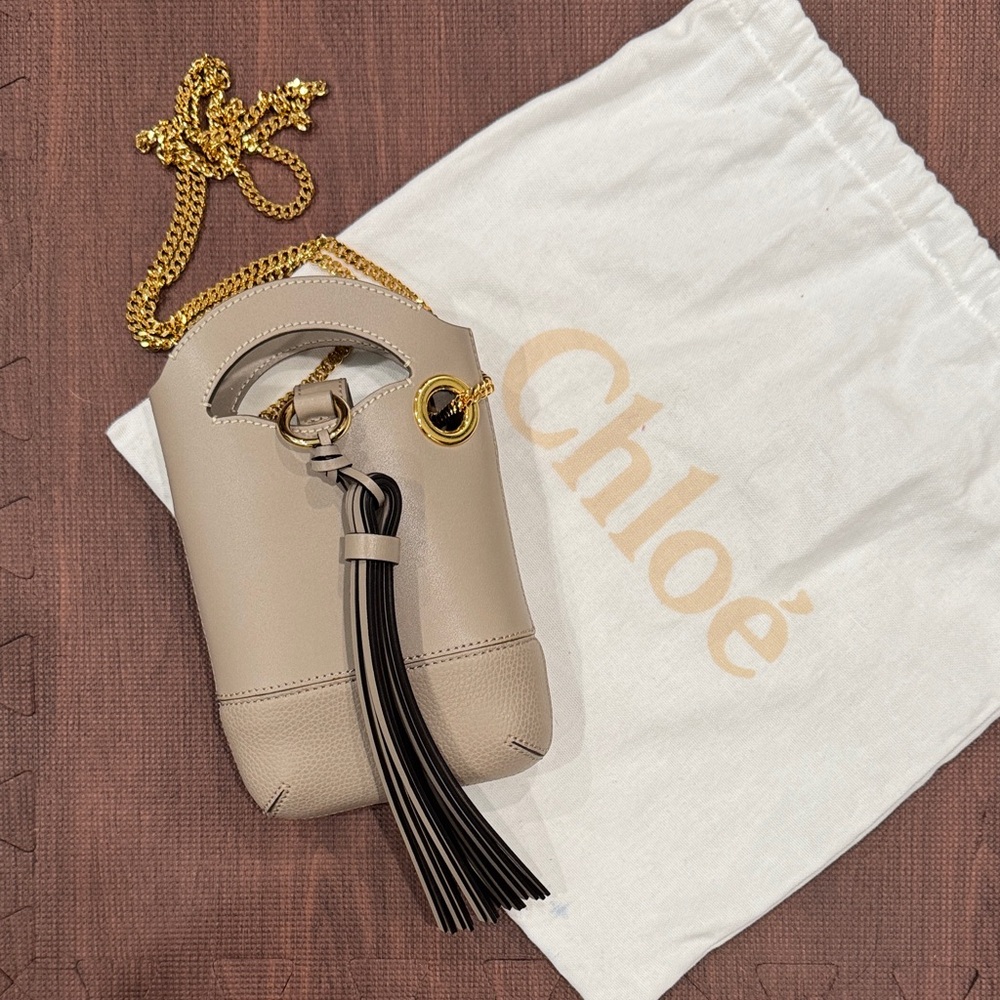 CHLOE Beige Leather Mini Bucket Bag with Gold Chain